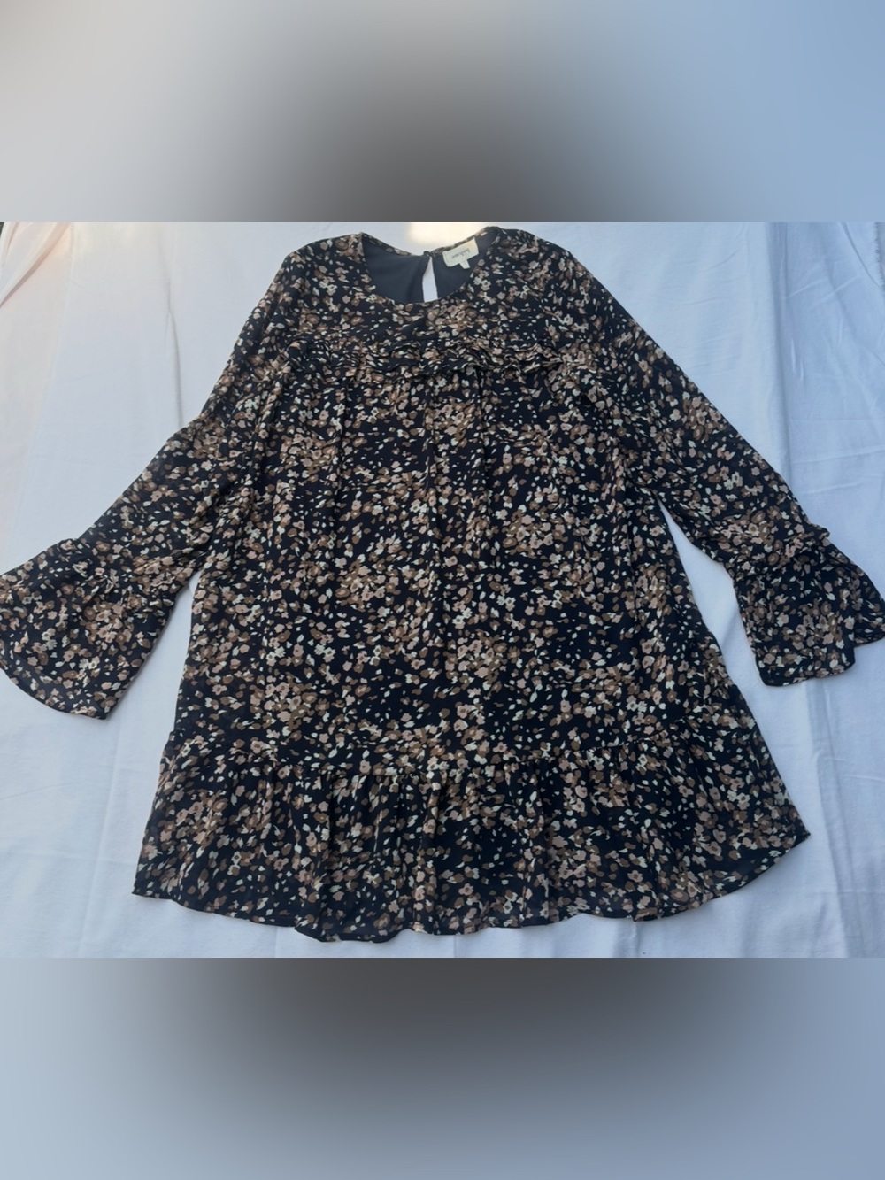 bohme Black Floral Print Blouse with Tan & Cream Accents